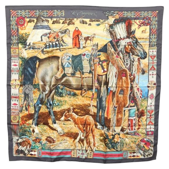 HERMES Carre 90 Scarf ""Les Cheyennes"" Silk Brown - Picture 1 of 14